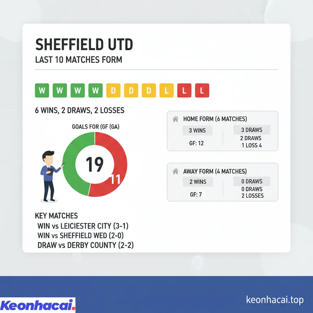 Sheffield Utd cho thấy phong độ mạnh mẽ với 6 thắng, 2 hòa, 2 thua trong 10 trận, ghi 19 bàn và để lọt lưới 11 bàn